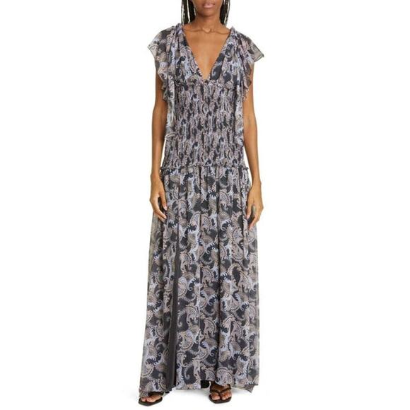 Cinq a Sept Kris Chiffon Dress in Raven Paisley Navy Blue Chiffon Smocked Maxi - Picture 5 of 15